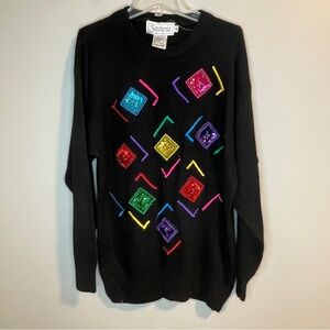 VINTAGE Colorful Geometric Black Lambswool Angora blend Sweater